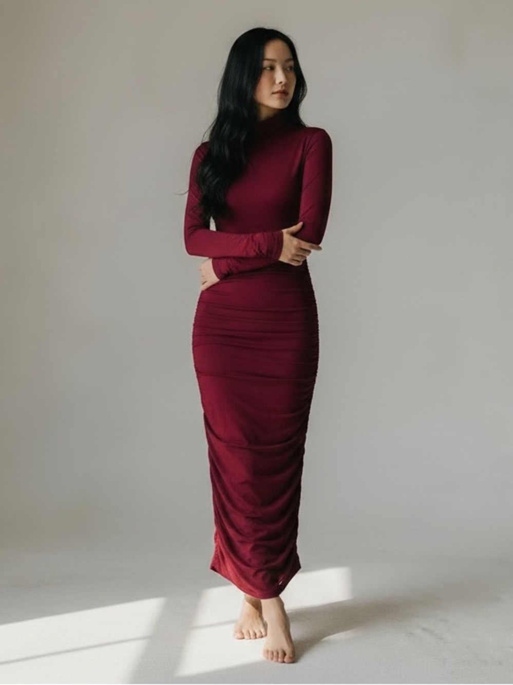 Long Sleeve Burgundy Ruched Maxi Dress